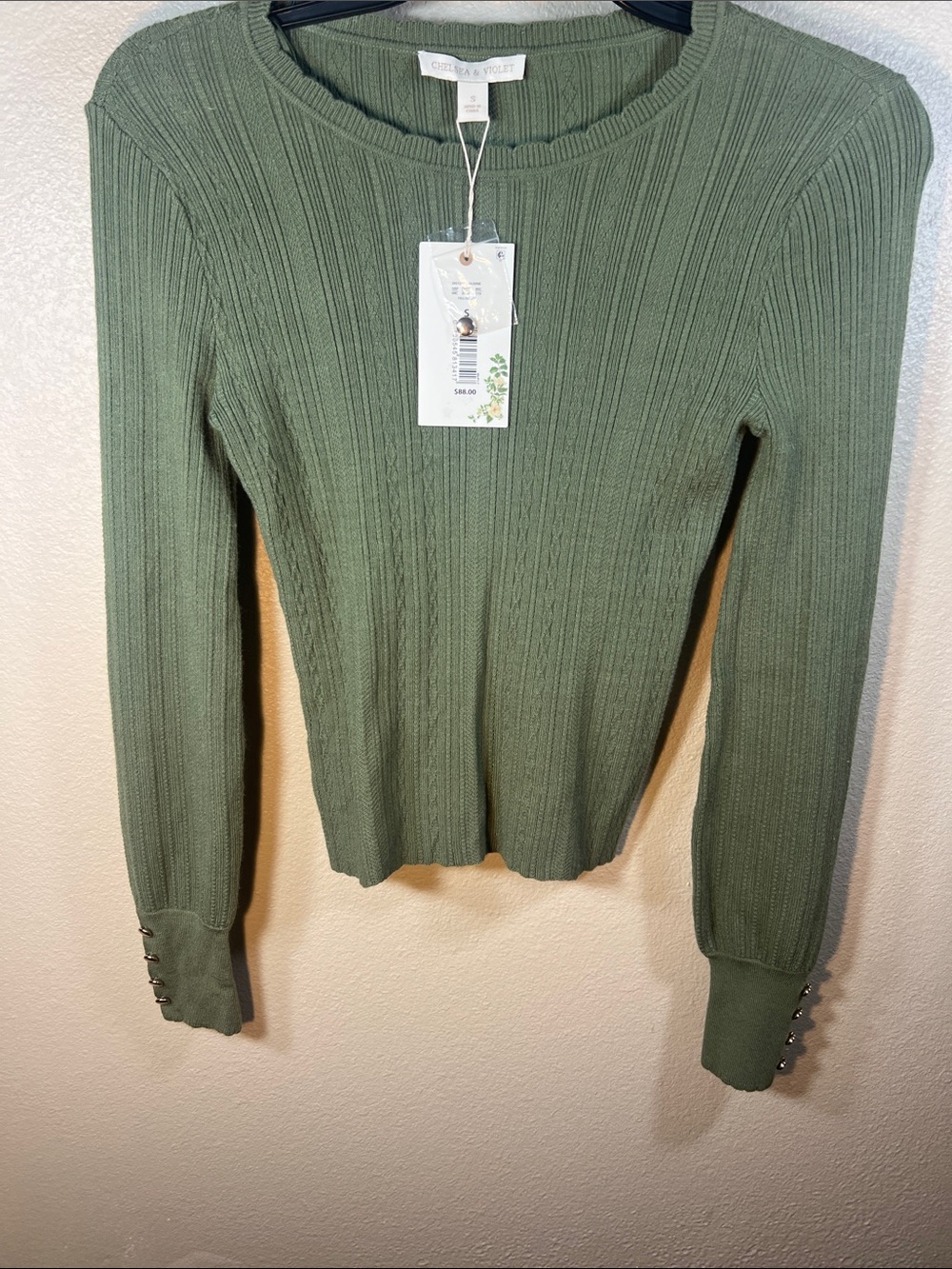 Chelsea & Violet Olive Green Ribbed Long Sleeve Top with Button Cuffs